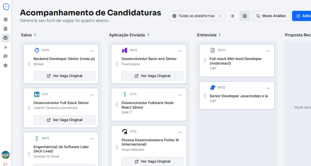 Quadro Kanban de acompanhamento de candidaturas com colunas Salva, Aplicação Enviada e Entrevista