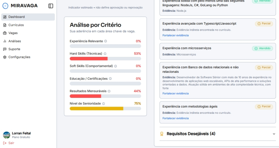 Tela de Análise por Critério da Miravaga mostrando percentuais de Experiência Relevante, Hard Skills e outros